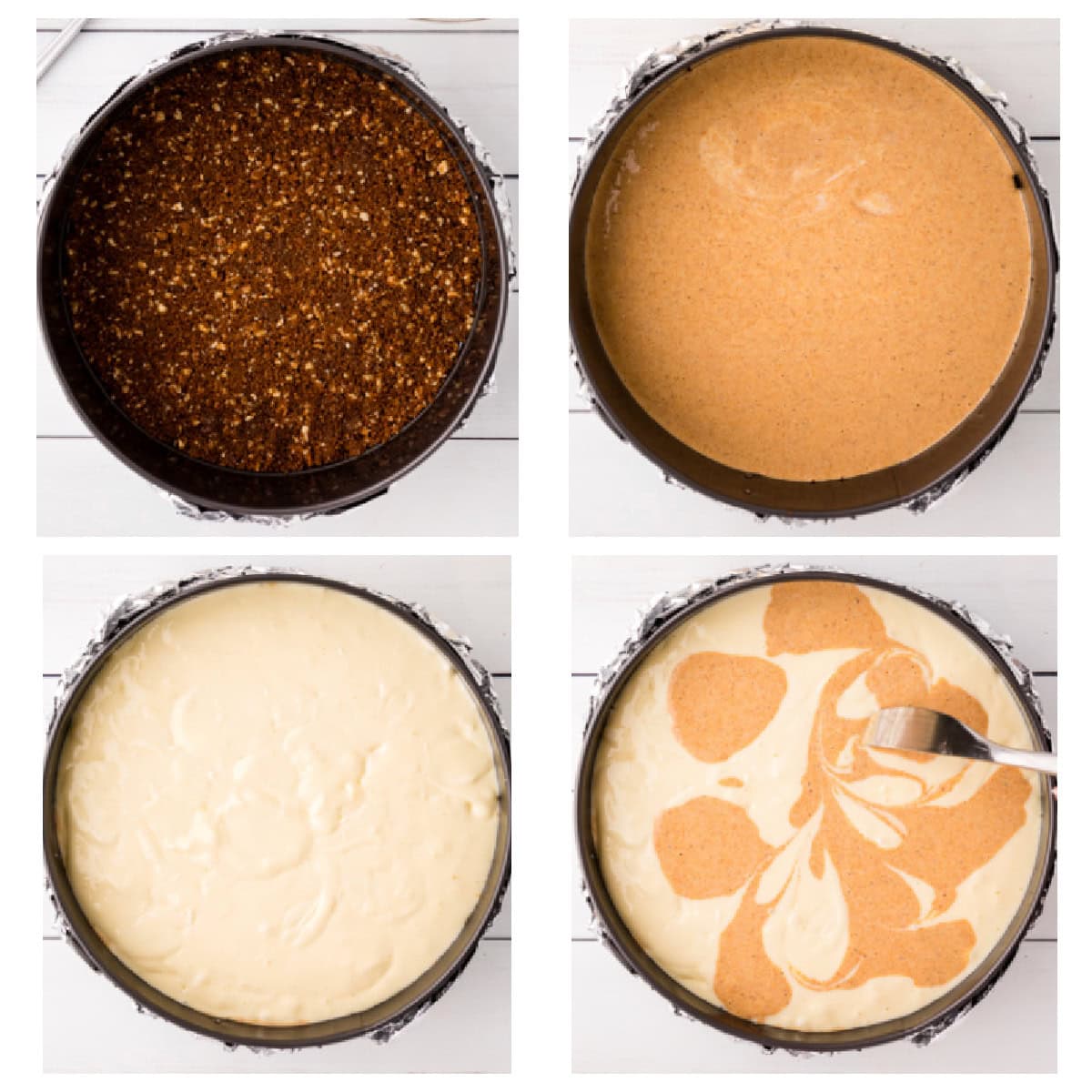This creamy Pumpkin Swirl Cheesecake has a buttery gingersnap-pecan crust and a gorgeous marbled swirl of pumpkin and cheesecake. Perfect for Thanksgiving or any cozy fall celebration! Top with caramel or whipped cream for an irresistible dessert everyone will love. four photos showing how to make pumpkin swirl cheesecake