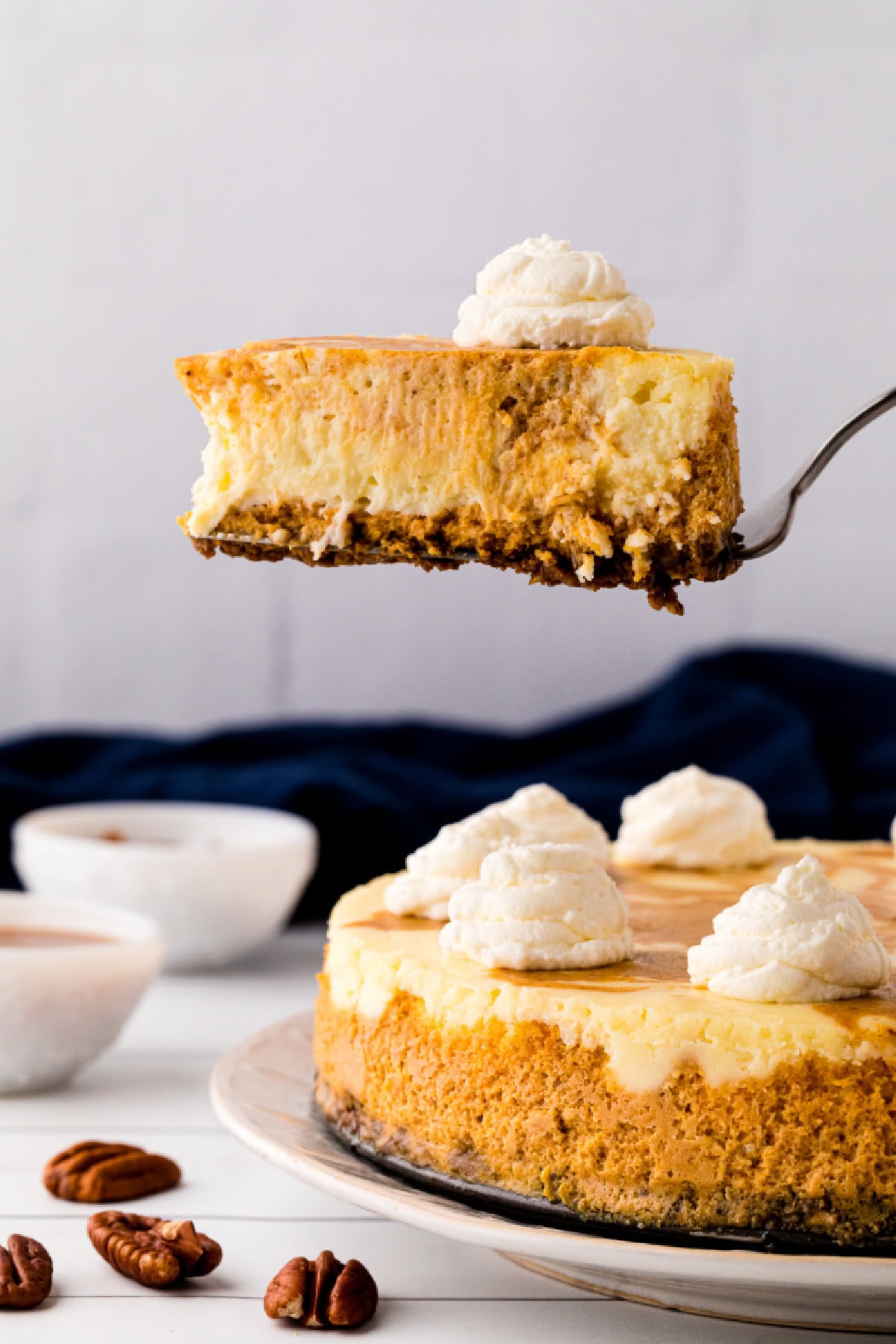 This creamy Pumpkin Swirl Cheesecake has a buttery gingersnap-pecan crust and a gorgeous marbled swirl of pumpkin and cheesecake. Perfect for Thanksgiving or any cozy fall celebration! Top with caramel or whipped cream for an irresistible dessert everyone will love. spatula holding up slice of pumpkin swirl cheesecake