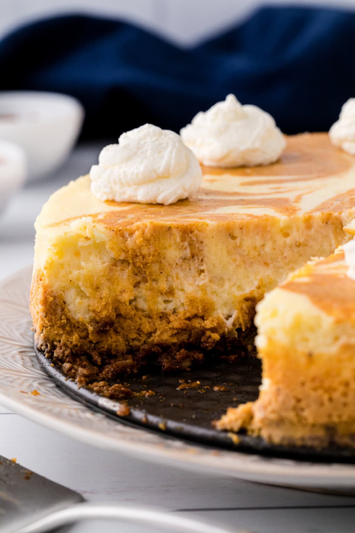 This creamy Pumpkin Swirl Cheesecake has a buttery gingersnap-pecan crust and a gorgeous marbled swirl of pumpkin and cheesecake. Perfect for Thanksgiving or any cozy fall celebration! Top with caramel or whipped cream for an irresistible dessert everyone will love. pumpkin swirl cheesecake with slice taken out of it