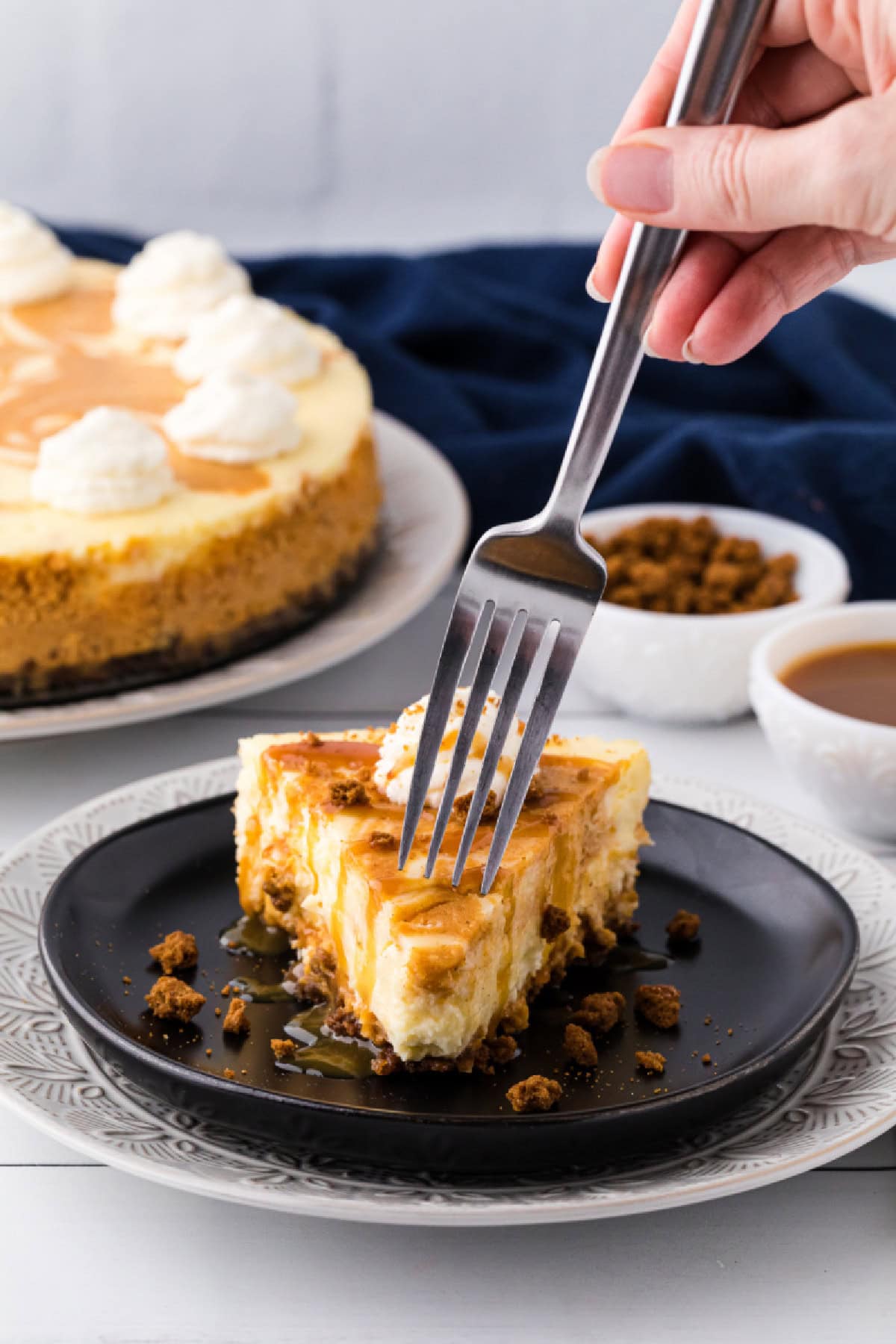 This creamy Pumpkin Swirl Cheesecake has a buttery gingersnap-pecan crust and a gorgeous marbled swirl of pumpkin and cheesecake. Perfect for Thanksgiving or any cozy fall celebration! Top with caramel or whipped cream for an irresistible dessert everyone will love. slice of pumpkin swirl cheesecake on plate with fork