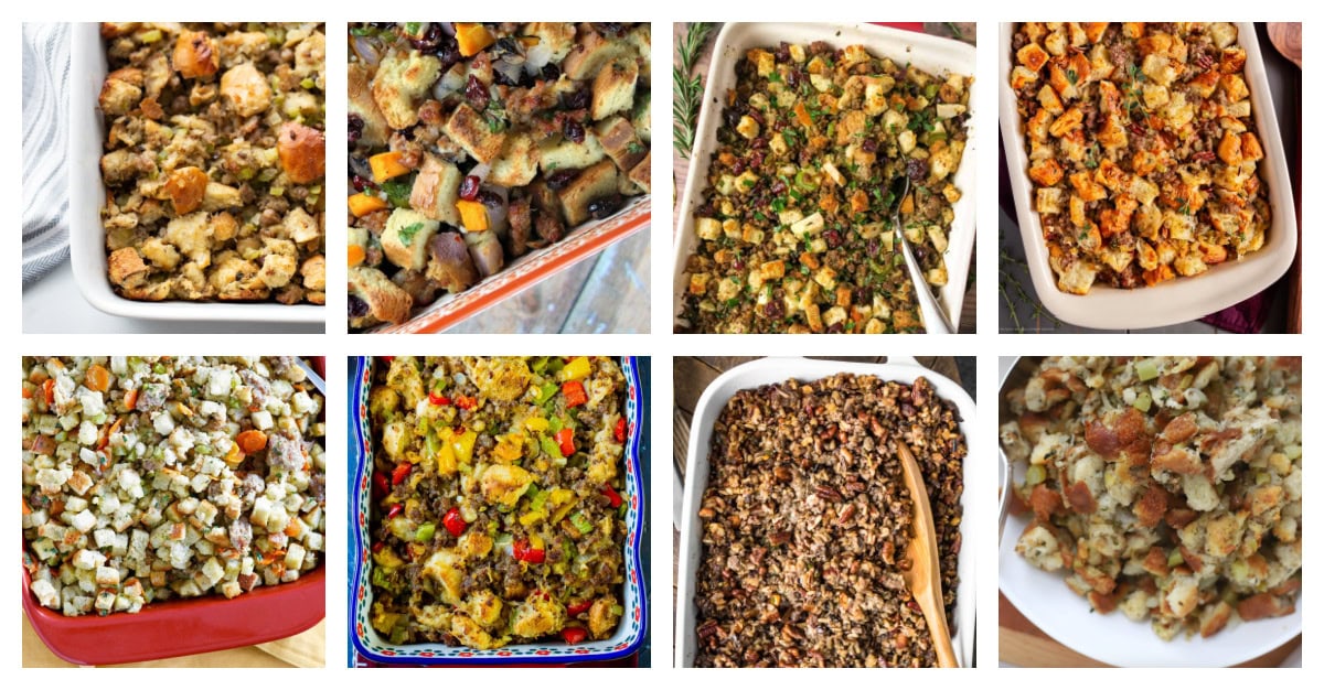 56 of the best stuffing recipes for Thanksgiving! Classic bread, cornbread, sausage, vegetarian, and gluten-free options. The ultimate holiday side dish roundup. collage of 8 sausage stuffing recipes