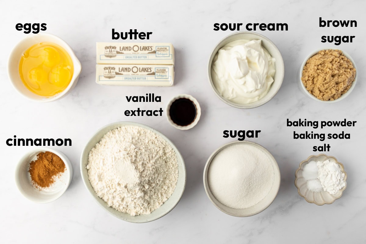 ingredients displayed for making starbucks cinnamon coffee cake