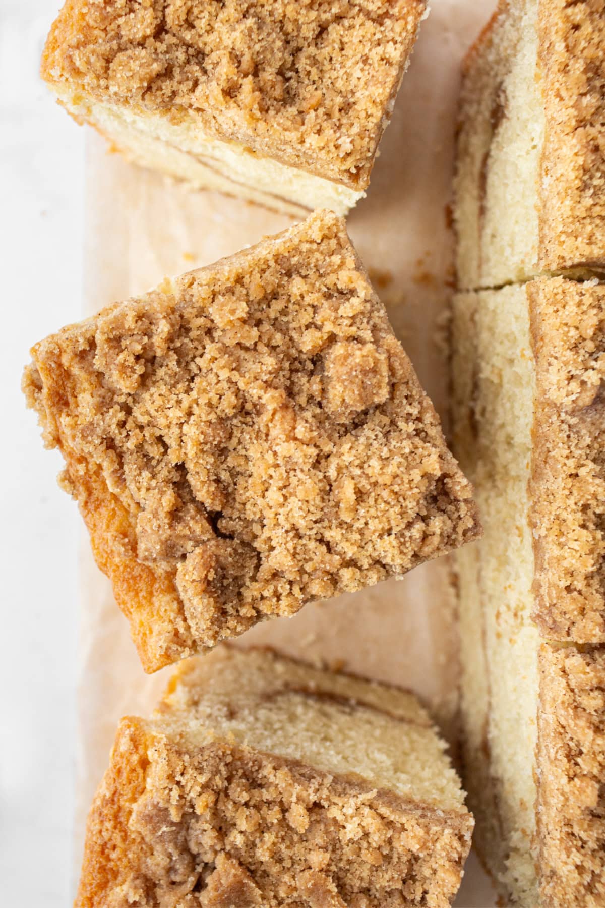 overhead shot of slices of copycat starbucks cinnamon coffee cake