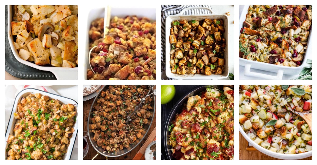 56 of the best stuffing recipes for Thanksgiving! Classic bread, cornbread, sausage, vegetarian, and gluten-free options. The ultimate holiday side dish roundup. collage of 8 stuffing recipes with fruit