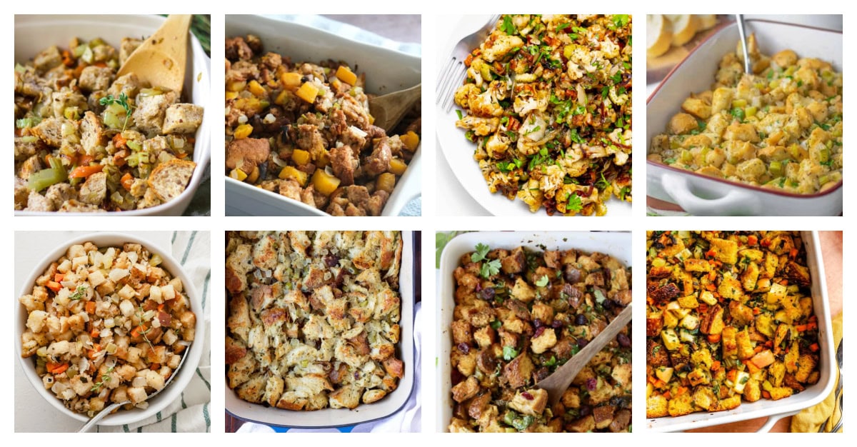 56 of the best stuffing recipes for Thanksgiving! Classic bread, cornbread, sausage, vegetarian, and gluten-free options. The ultimate holiday side dish roundup. collage of 8 vegan and vegetarian stuffing recipes