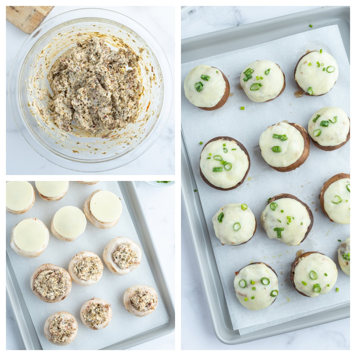 three photos showing how to make boursin stuffed mushrooms