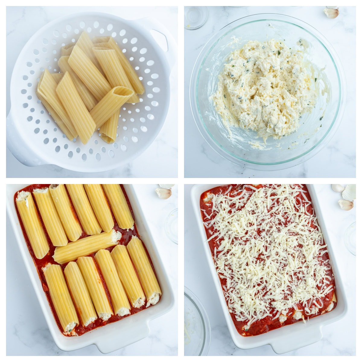 This classic Cheese Manicotti is stuffed with a creamy three-cheese filling, covered in marinara, and baked until bubbly. Easy, comforting, and perfect for family dinners! four photos showing how to make cheese manicotti