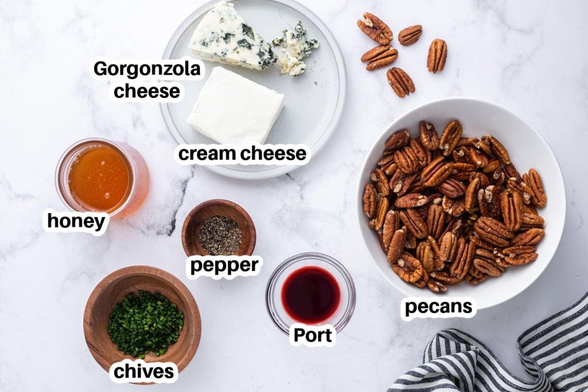 ingredients displayed for making cheesy pecan appetizers