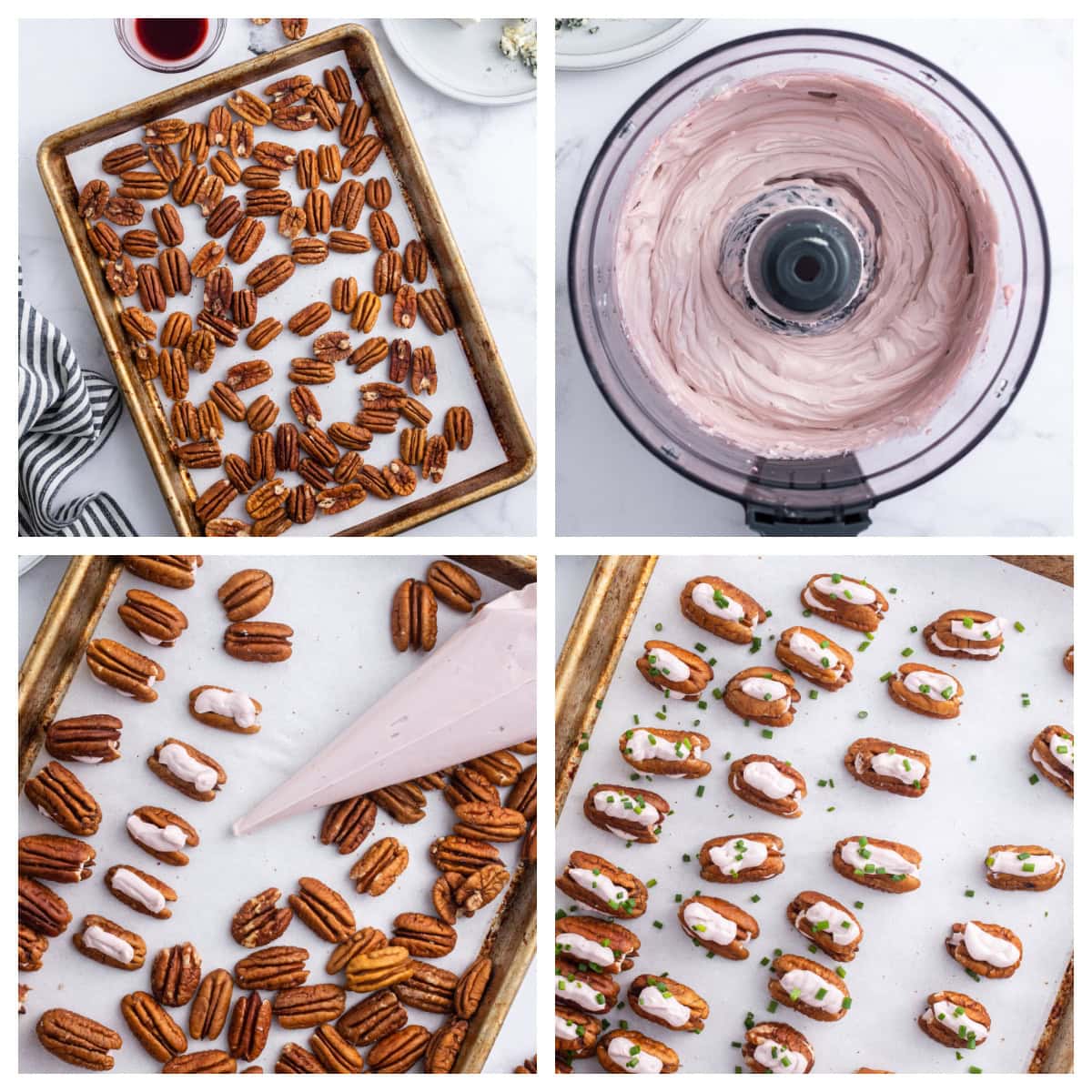 four photos showing how to make cheesy pecan appetizers