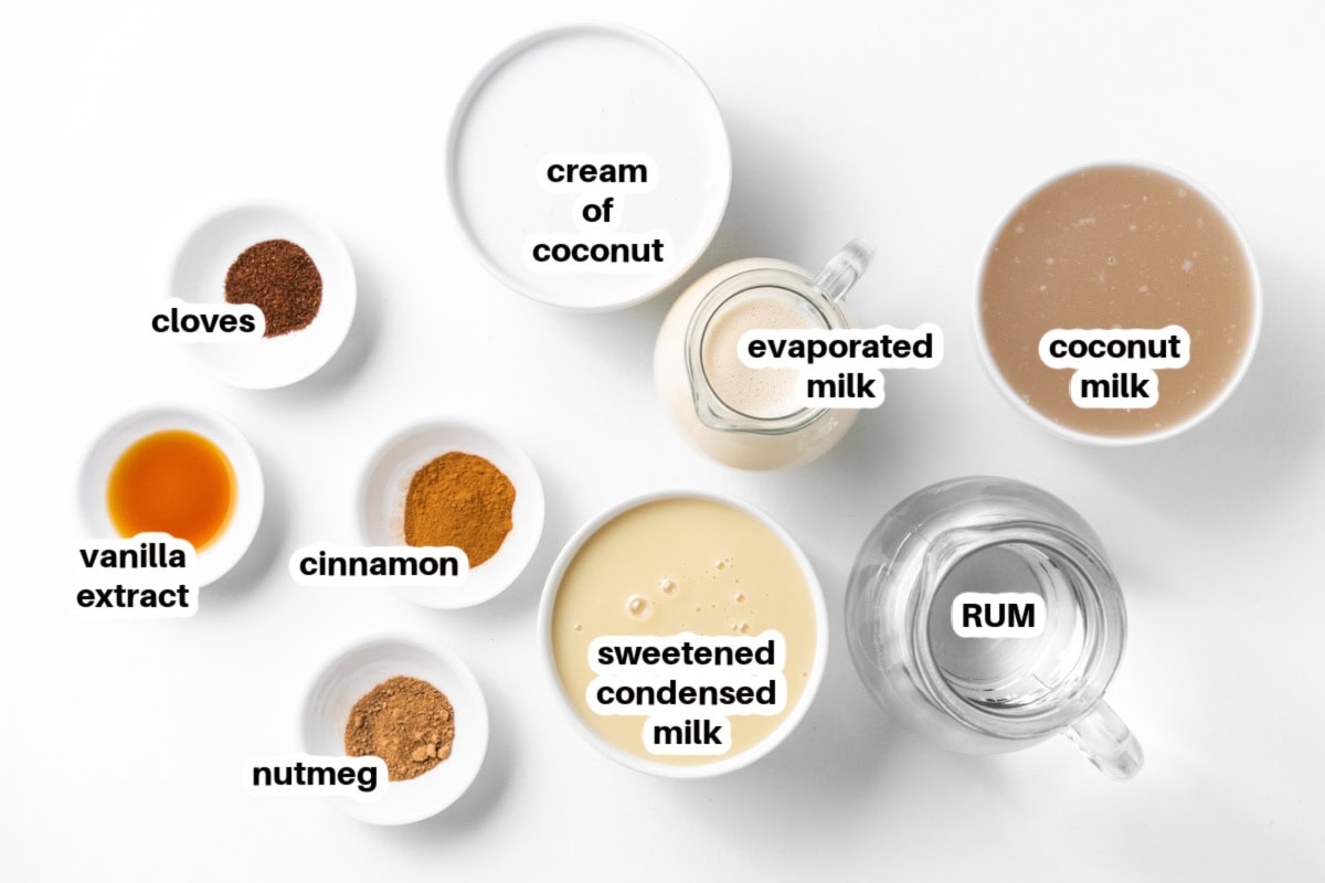 This easy, authentic Puerto Rican Coquito is rich, creamy, spiced, and perfect for Christmas! Made with coconut milk, sweetened condensed milk, and rum — just blend and chill. ingredients displayed for making coquito recipe