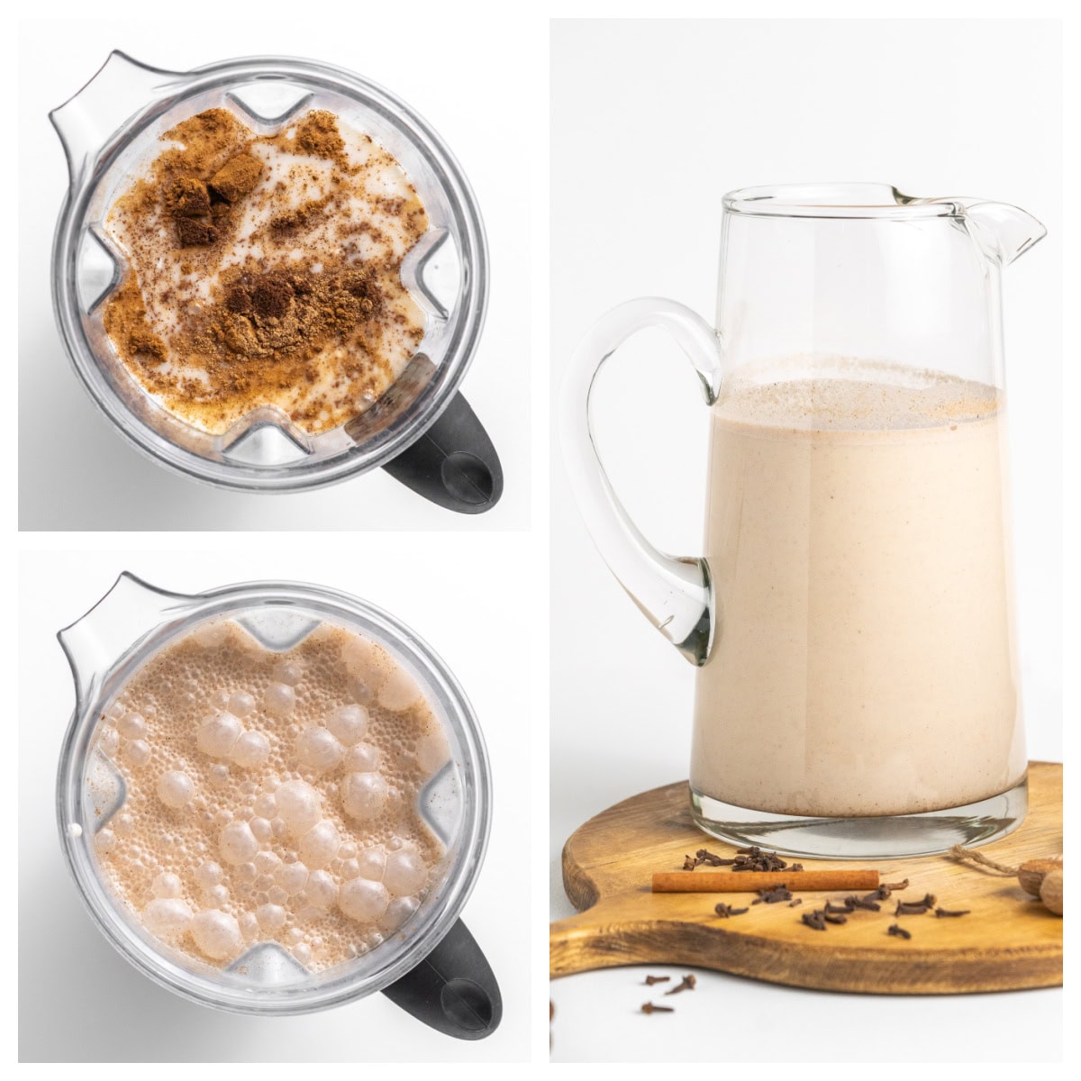 This easy, authentic Puerto Rican Coquito is rich, creamy, spiced, and perfect for Christmas! Made with coconut milk, sweetened condensed milk, and rum — just blend and chill. three photos showing how to make coquito recipe