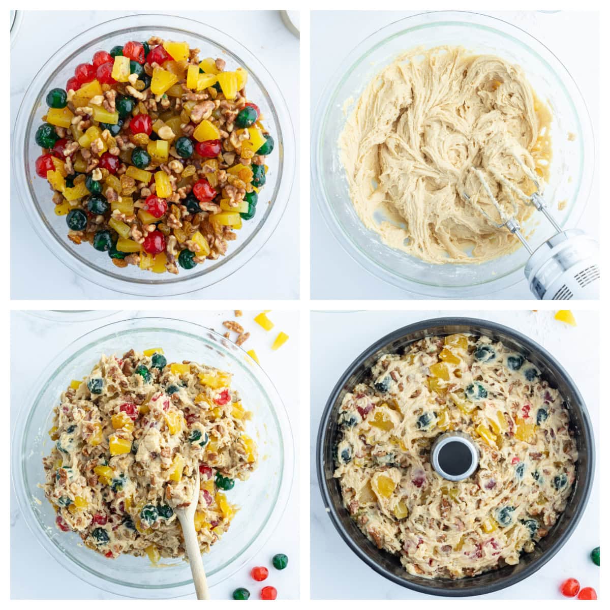 This homemade fruitcake is rich, moist, and loaded with candied fruit and nuts. A traditional Christmas dessert that bakes beautifully and slices perfectly every time. four photos showing how to make fruitcake