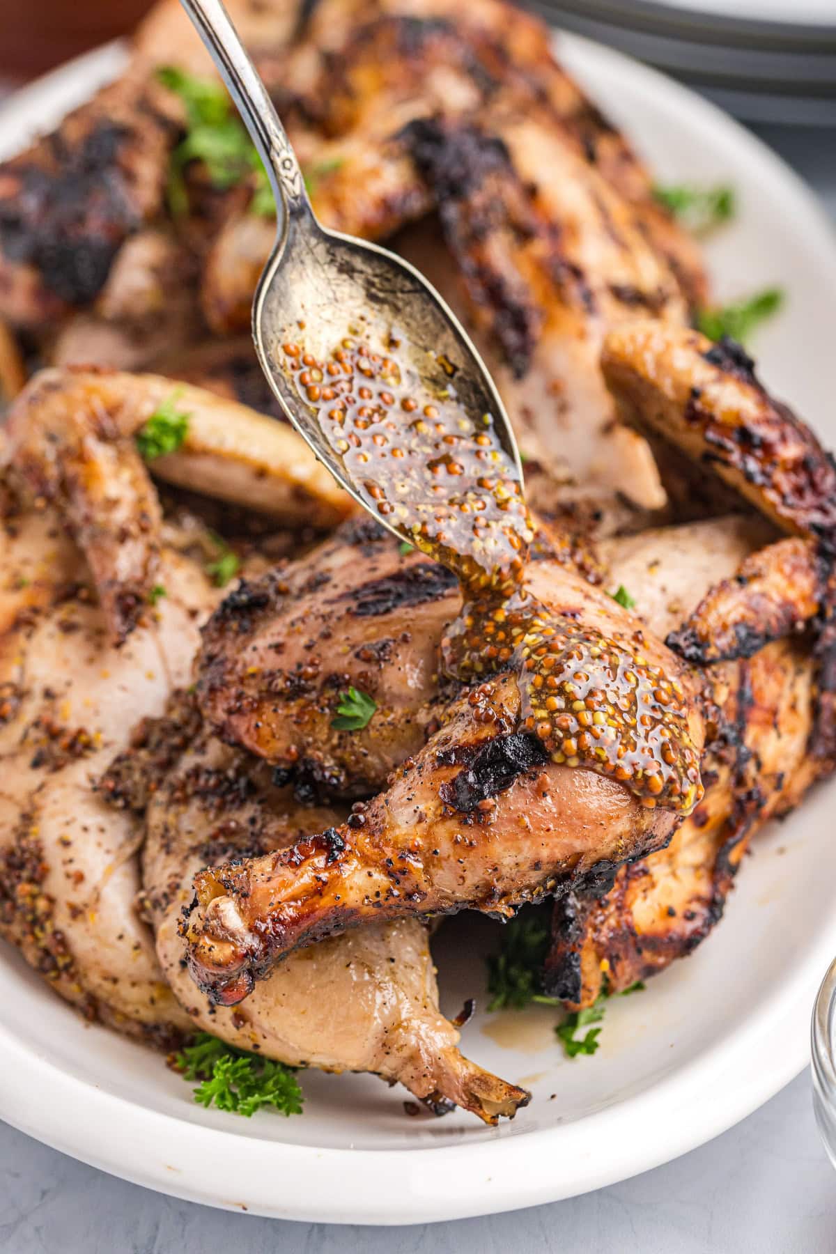 These Grilled Cornish Game Hens are brushed with a sweet-savory mustard glaze and grilled to juicy perfection—an impressive, easy main dish for holidays or entertaining. spooning honey mustard onto grilled cornish game hens