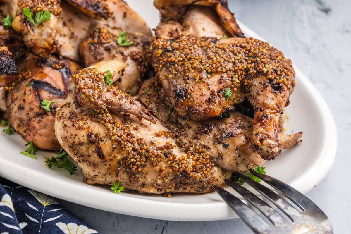 These Grilled Cornish Game Hens are brushed with a sweet-savory mustard glaze and grilled to juicy perfection—an impressive, easy main dish for holidays or entertaining. grilled cornish game hens with honey mustard