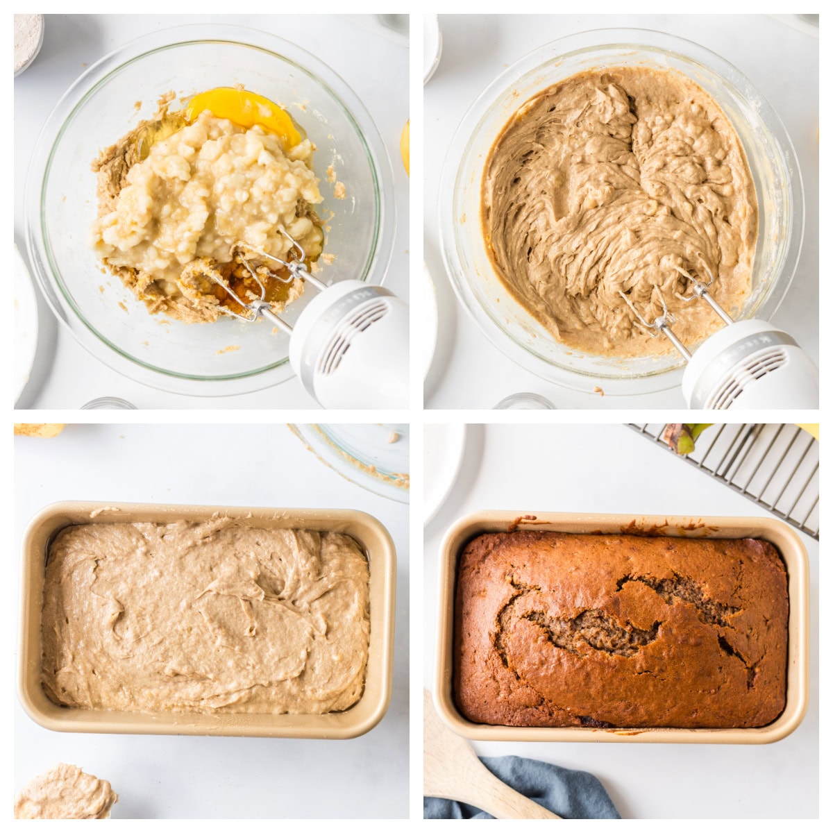 four photos showing how to make healthy banana bread