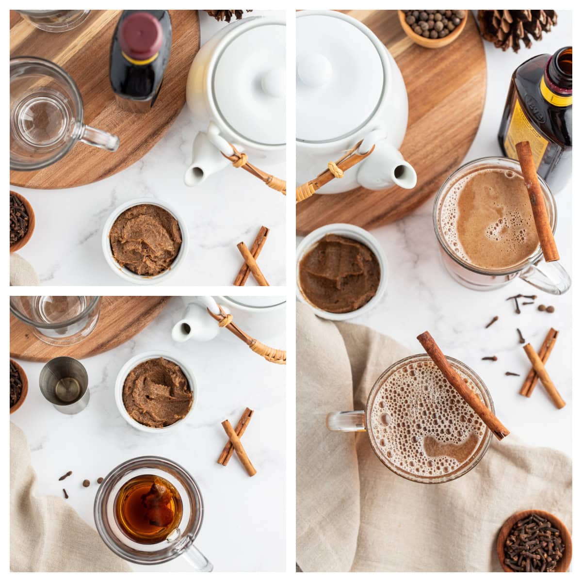 three photos showing making hot buttered rum