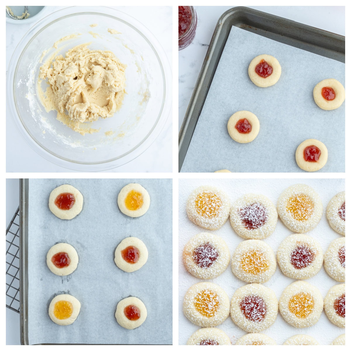 These soft and buttery Jam Thumbprint Cookies are filled with your favorite fruit jam and baked to golden perfection. A classic holiday cookie that’s easy, nostalgic, and perfect for gifting! four photos showing how to make jam thumbprint cookies