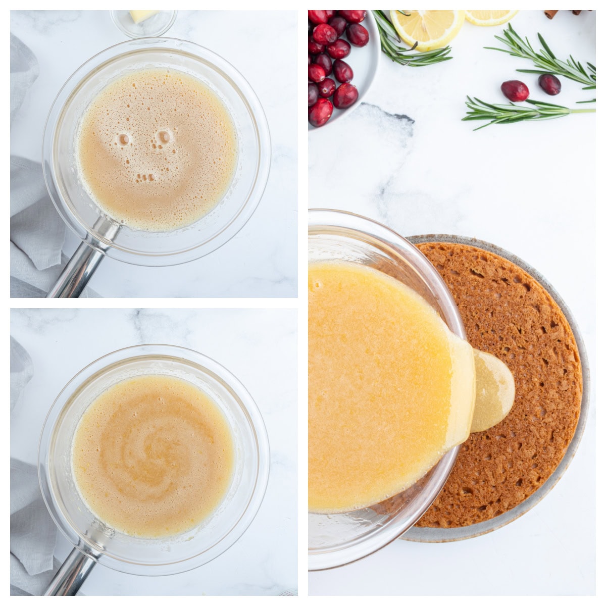 three photos showing how to make lemon sauce for gingerbread