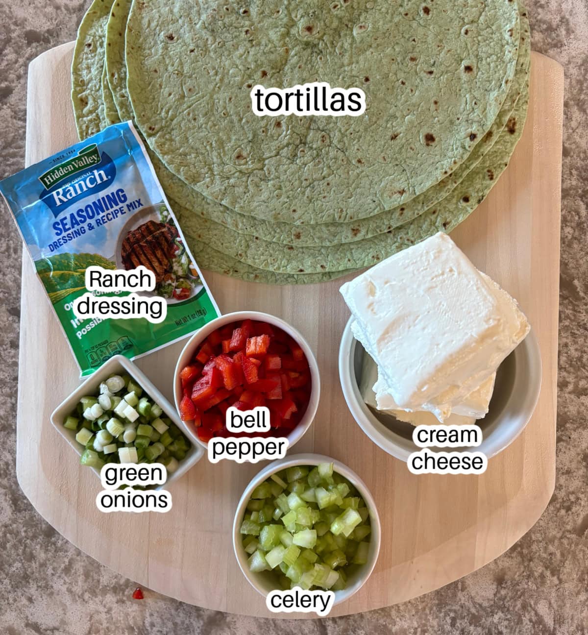 ingredients displayed for making pinwheel appetizers