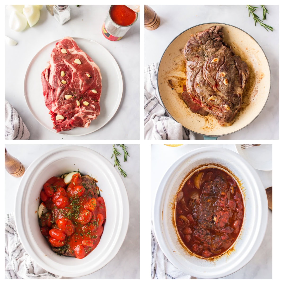 four photos showing how to make slow cooker italian pot roast