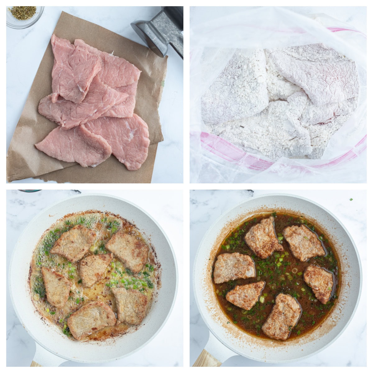 Tender pan-seared veal simmered in a glossy Marsala wine sauce with mushrooms and green onions. This easy Veal Marsala is elegant, flavorful, and perfect for entertaining or weeknight comfort food. four photos showing how to make veal marsala