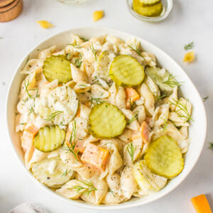 bowl of dill pickle pasta salad