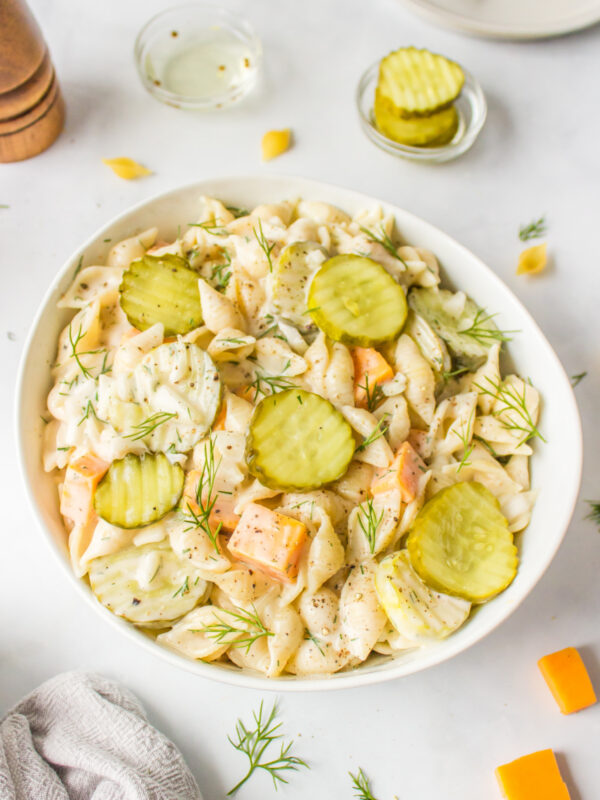 bowl of dill pickle pasta salad