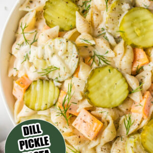 pinterest image for dill pickle pasta salad