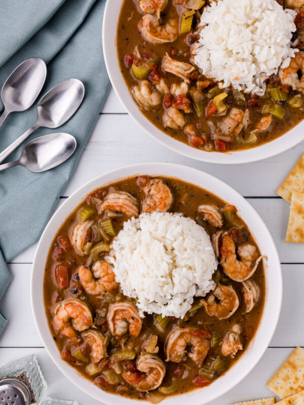 two bowls of easy shrimp gumbo