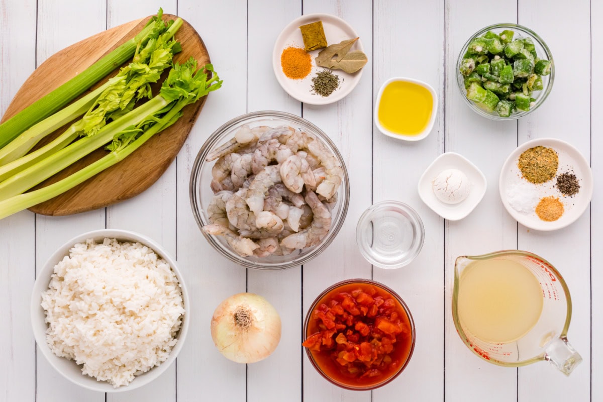 ingredients displayed for making easy shrimp gumbo