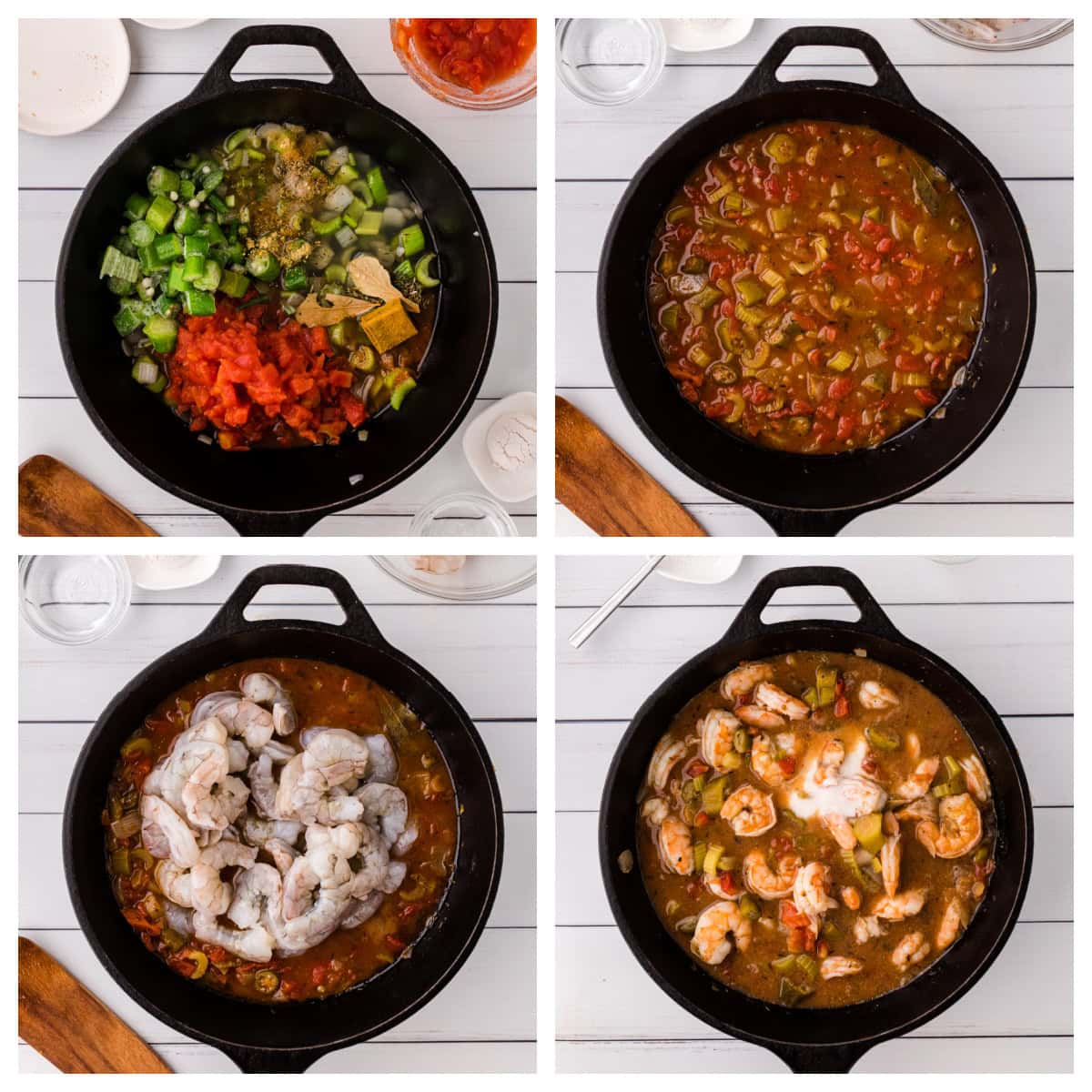 four photos showing how to make easy shrimp gumbo