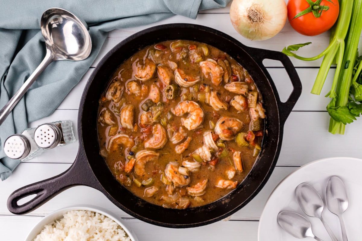 cast iron skillet with shrimp gumbo