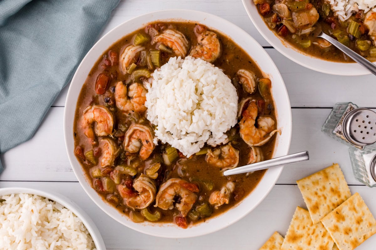 bowl of easy shrimp gumbo topped with scoop of rice