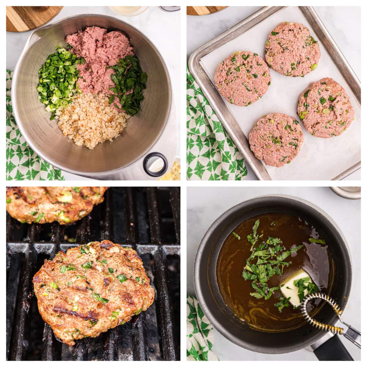 These Healthy Turkey Burgers with Orange Ginger Glaze are juicy, bright, and full of fresh flavor. Lean turkey meets a tangy homemade citrus glaze — perfect for easy dinners! four photos showing how to make healthy turkey burgers