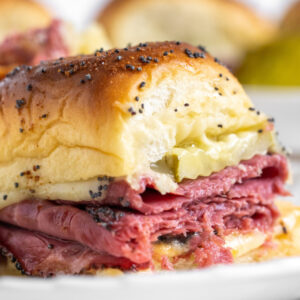 pinterest image for hot pastrami sliders