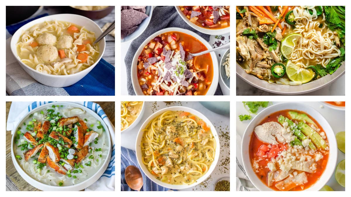 collage of international chicken soup recipes