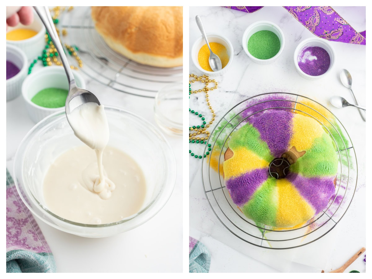 two photos showing how to decorate a king cake
