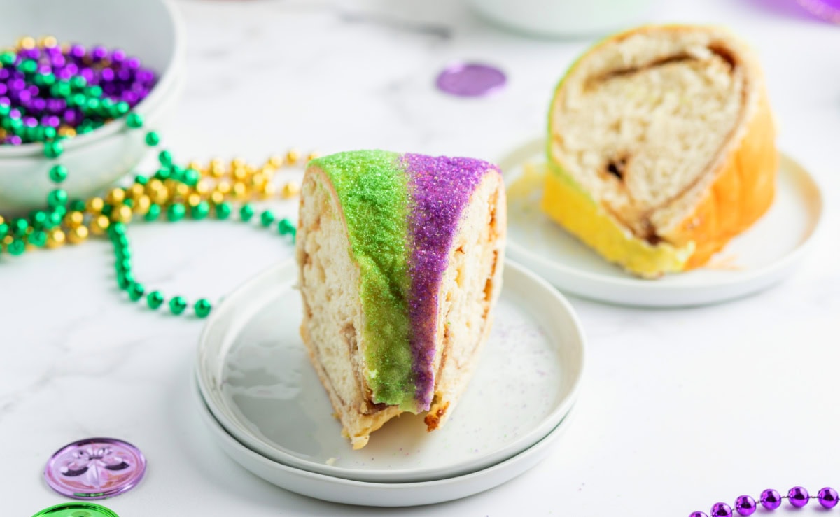 slice of king cake on a plate