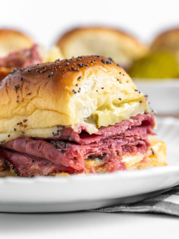 pastrami slider on a white plate