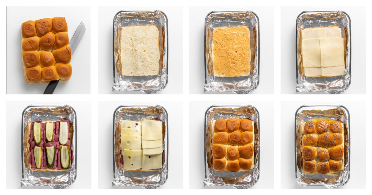 8 photos showing how to assemble hot pastrami sliders