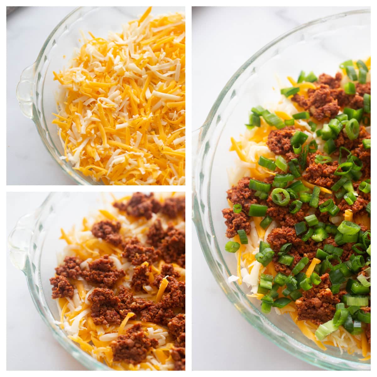 Queso Fundido Recipe 🧀🔥 Classic hot melted cheese dip baked with chorizo, jalapeños, and green onions. Ready in 30 minutes and perfect for parties, taco night, and game day! three photos showing how to make queso fundido recipe