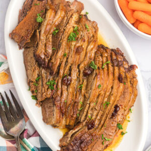 rabbi's wife's brisket sliced and displayed on a platter