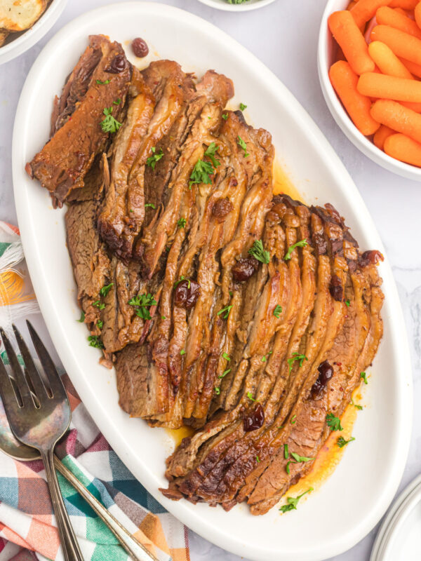 rabbi's wife's brisket sliced and displayed on a platter