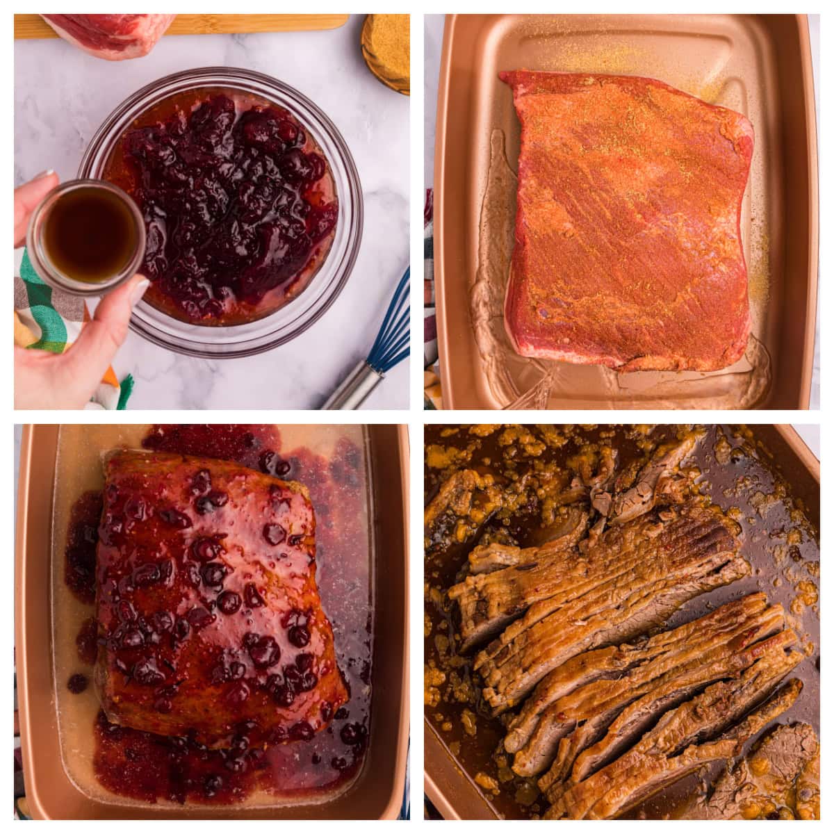 four photos showing how to make rabbi's wife's brisket