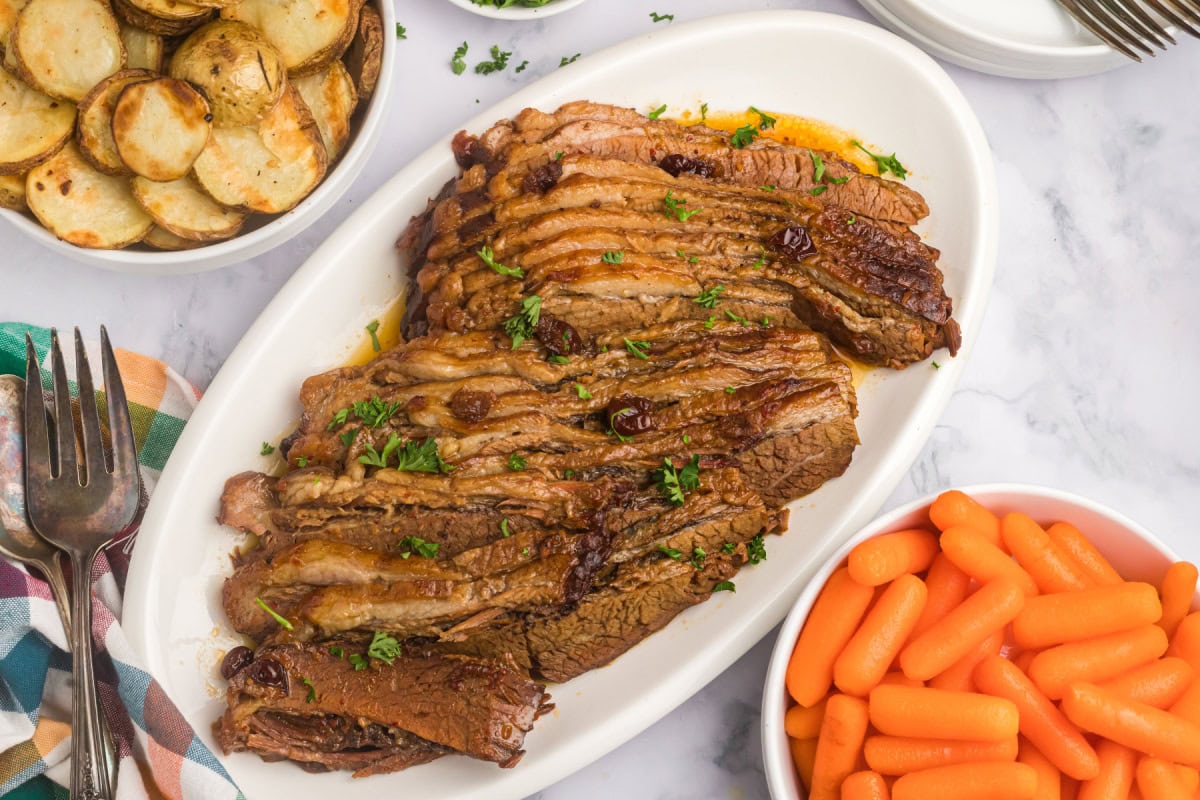 rabbi's wife's brisket sliced up and placed on platter