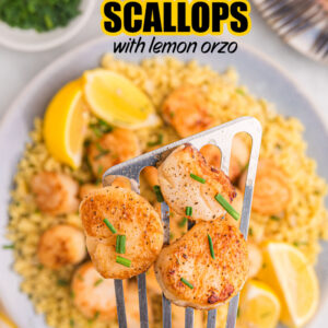 pinterest image for scallops with orzo