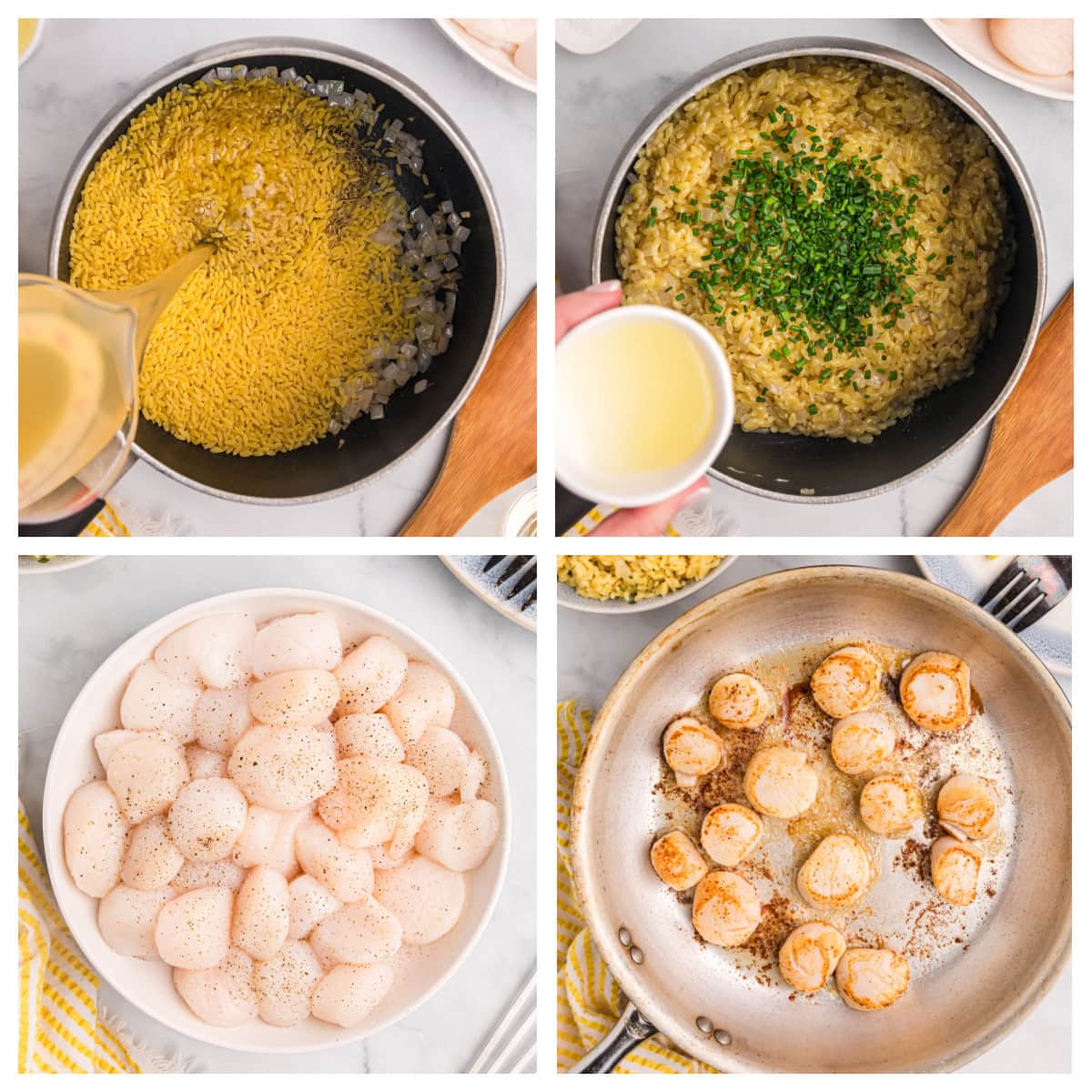 Golden seared scallops over bright, lemony orzo make an elegant yet easy dinner recipe—perfect for entertaining or a special weeknight meal. four photos showing how to make scallops with orzo