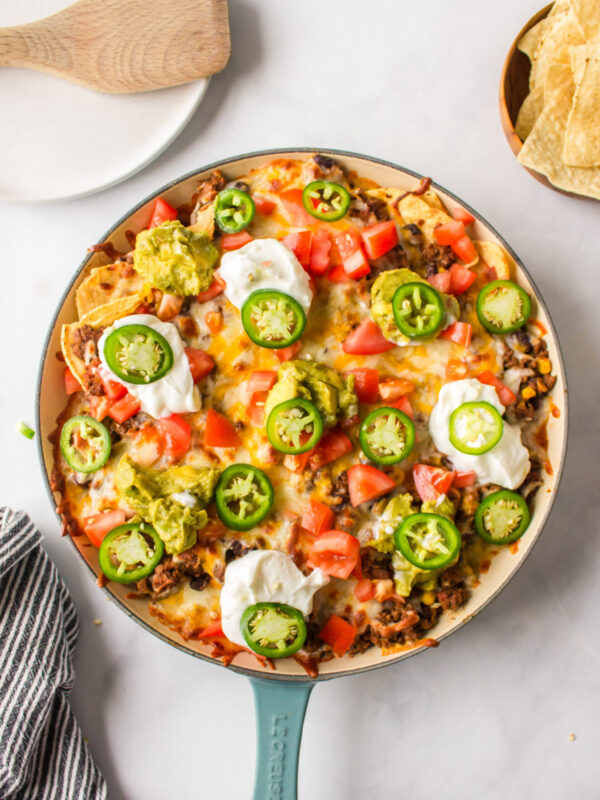 skillet nachos in pan