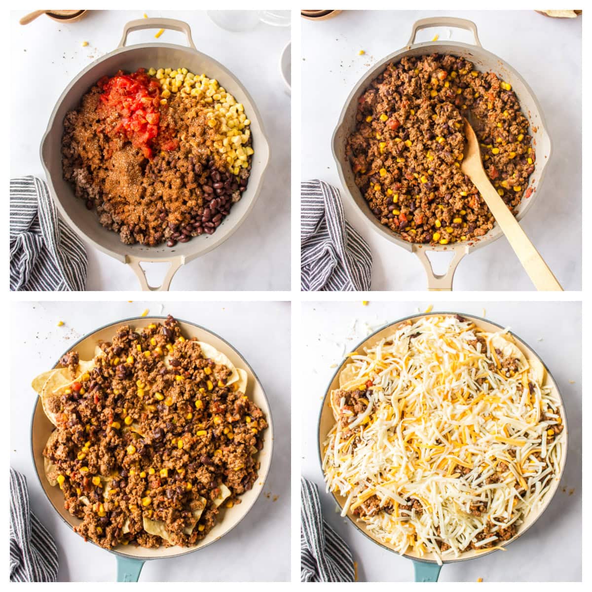 Skillet Nachos 🧀🌶️ The easiest way to make nachos! Tortilla chips topped with seasoned beef, Rotel, black beans, corn, and melty Colby-Jack cheese—add sour cream, guacamole & jalapeños! four photos showing how to assemble skillet nachos