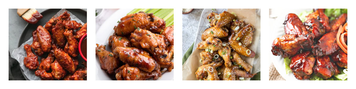 collage of 4 sweet and sticky wing recipes